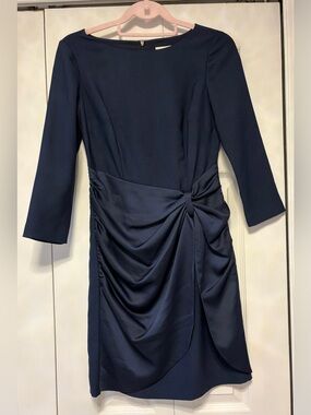 Eliza J Navy Knot-Detail Ruched Long-Sleeve Dress
